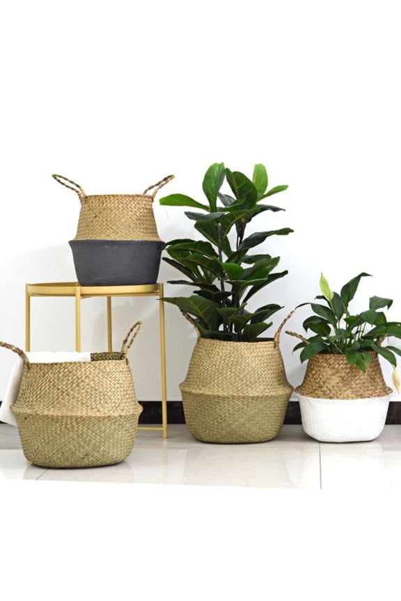 Natural Seagrass Belly Basket with Handles, Round Wicker Storage Basket Planter, 32cm Diameter x 28cm Height