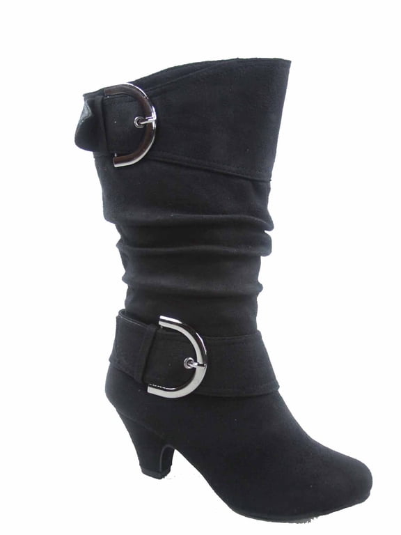 Auto 8k Youth Girl's Kid's Zipper Low Heel Round Toe Buckle Dress Boot ( Black, 4 )