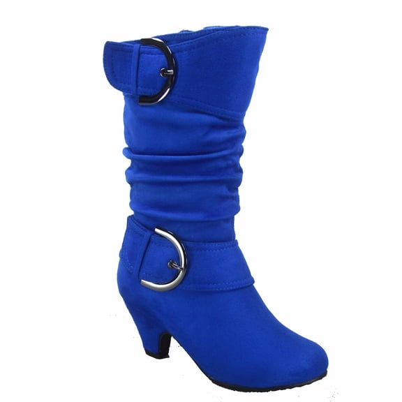 Auto 8k Youth Girl's Kid's Zipper Low Heel Round Toe Buckle Dress Boot ( Blue, 4 )