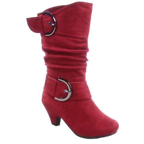 Auto 8k Youth Girl's Kid's Zipper Low Heel Round Toe Buckle Dress Boot ( Red, 2 )