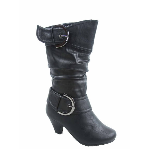 Auto 9k Youth Girl's Kid's Zipper Low Heel Round Toe Buckle Dress Boot ( Black, 11 )