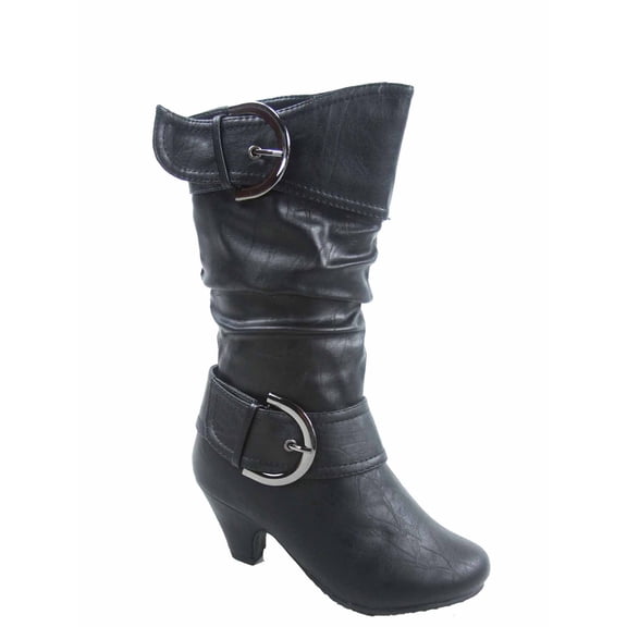 Auto 9k Youth Girl's Kid's Zipper Low Heel Round Toe Buckle Dress Boot ( Black, 12 )