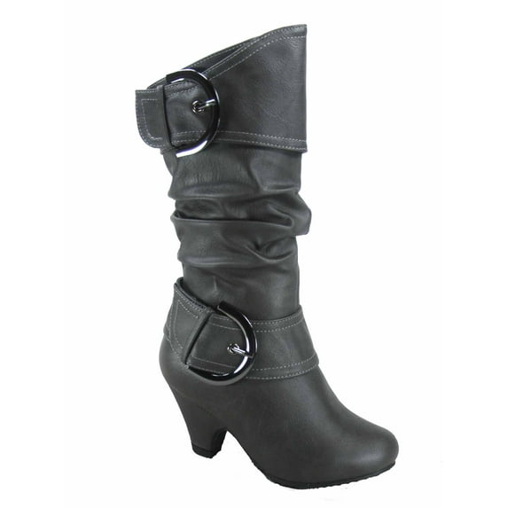 Auto 9k Youth Girl's Kid's Zipper Low Heel Round Toe Buckle Dress Boot ( Grey, 3 )