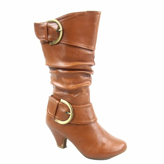 Auto 9k Youth Girl's Kid's Zipper Low Heel Round Toe Buckle Dress Boot ( Tan, 12 )