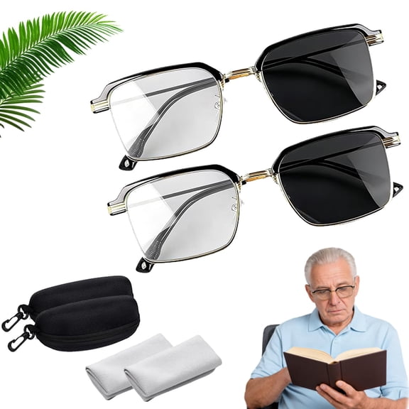 Auto-Adjusting Reading Glasses with Adjustable Focus Blue Light Filtering and UV Protection Comfortable Eye, Black & Gold Semi-Rimless Crystal Clear Focus Reading Glasses for Men & Women
