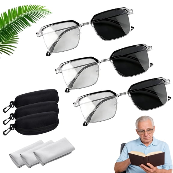 Auto-Adjusting Reading Glasses with Adjustable Focus Blue Light Filtering and UV Protection Comfortable Eye, Black & Gold Semi-Rimless Crystal Clear Focus Reading Glasses for Men & Women