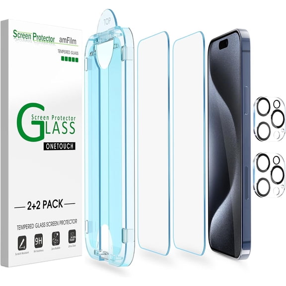Auto-Alignment OneTouch for iPhone 15 Pro Max [6.7''] Screen Protector + Camera Lens Protector, Tempered Glass, 30 Seconds Installation, Bubble Free, Case Friendly, Anti-Scratch 2 Pack