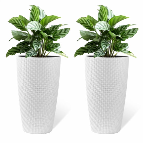 Auto Beyond 22.7" Tall Planter Set of 2, Large Self Watering Pots for Indoor/Outdoor Plants with Drain Holes, Water Level Monitor, Inner Bucket for Front Porch Patio, White