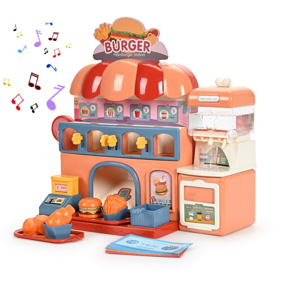 Auto Beyond 28-Piece Pretend Play Set with Fillable Water Dispenser,Simulation Hamburger Machine Games Light & Sound Educational Toys Early Development Toy,Fun Gift for Boys Girls