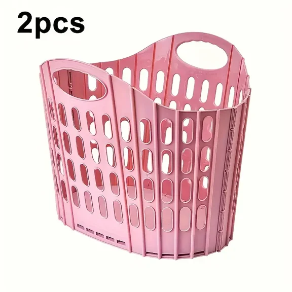 Auto Beyond 2PCS Large Plastic Laundry Basket,Foldable Rectangle Clothes Basket for Bedroom, Bathroom, Dorm, or Storage - Durable Plastic Laundry Organizer-Pink
