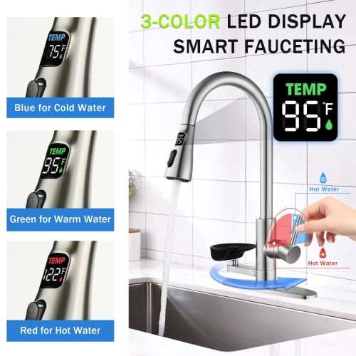 Auto Beyond 3-in-1 Kitchen Faucet with 3-Color LED Temperature Display, Press-Type Glass Rinser, High-Arc Pull-Down Sprayer, 3 Spray Modes, Brushed Nickel Finish