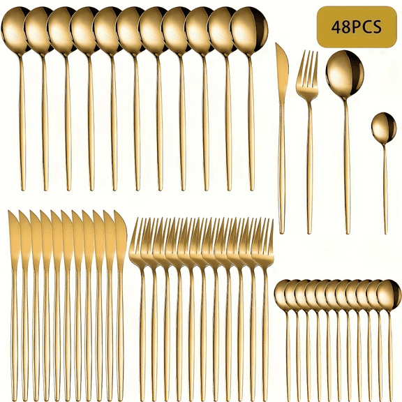 Auto Beyond 48-Piece Gold Set with Unique Handle, Stainless Steel Flatware Set, ,Utensil Set for Home Restaurant Hotel.