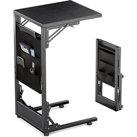Auto Beyond C-Shape Side Table, Folding Sofa Table, Bedside Table with Storage Bag, Coffee Table with Metal Frame for Living Room, Bedroom, Office,(Black)