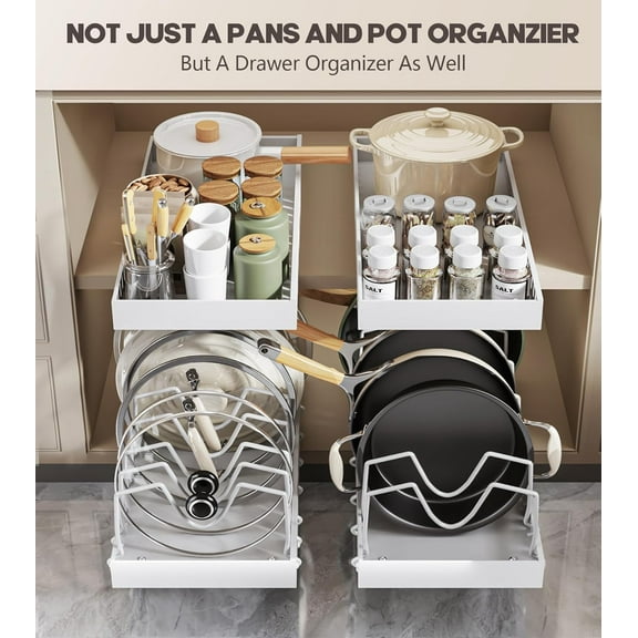 Auto Beyond Cabinet Pull-Down Pot and Pan Organizer, In-Cabinet Sliding Organizer for Pot Lids, Bakeware and Plates, Adjustable Dividers, 1-Piece White