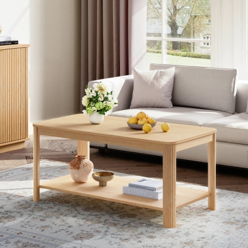 Auto Beyond Coffee Table, Modern Coffee Tables for Living Room with 2-Tier Storage & Wave-Edge, Oak Center Table for Bedroom/Office(39.4" L x 20" W x 17.7" H)