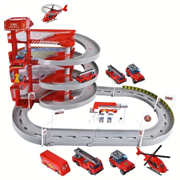 Auto Beyond Fire Theme 4 Level Parking Lot Playset - Puzzle Simulation Building Blocks with Runway and Track Cars, Red Plastic, Youth