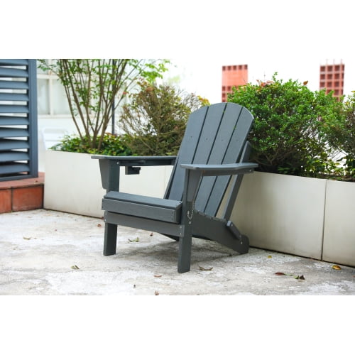 Auto Beyond Folding Adirondack Chair with Dual Cup Holders - HDPE All-Weather Outdoor Chairs, Wood-Like Patio Chair for Backyard, Camping, Pool & Fire Pit, Grey