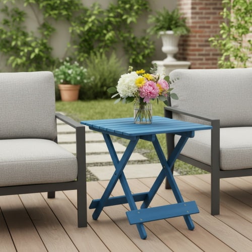 Auto Beyond Folding Square Table Patio Outdoor solid wood Table for Backyard, Balcony, Portable Design Space-Saving Blue Color