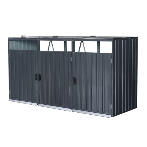 Auto Beyond Garbage Bin Shed Stores 3 Trash Cans Metal Outdoor Bin Shed for Garbage Storage,Stainless Galvanized Steel, Bin Shed for Garden Yard