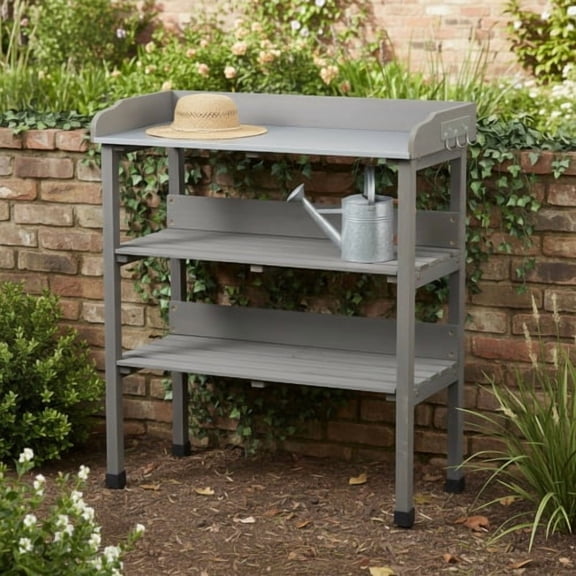 Auto Beyond Garden Potting Table Horticulture Potting Bench w/Storage Shelf W/Metal Tabletop w/Hook 3 Shelves Workstation Work Benches Station, Gray