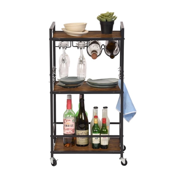 Auto Beyond Home Bar Cart Three-Tier Storage Rack with 6 Hooks Multi-Functional Wine Rack with Glass Holder and Dish Rack Compact Bar Cart