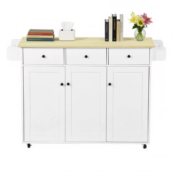 Auto Beyond Kitchen Island Cart with Wheels, Large Capacity Cabinet-Style Kitchen Cart, Foldable Tabletop, Featuring Storage Cabinets, 3 Drawers, and Towel Rack - White