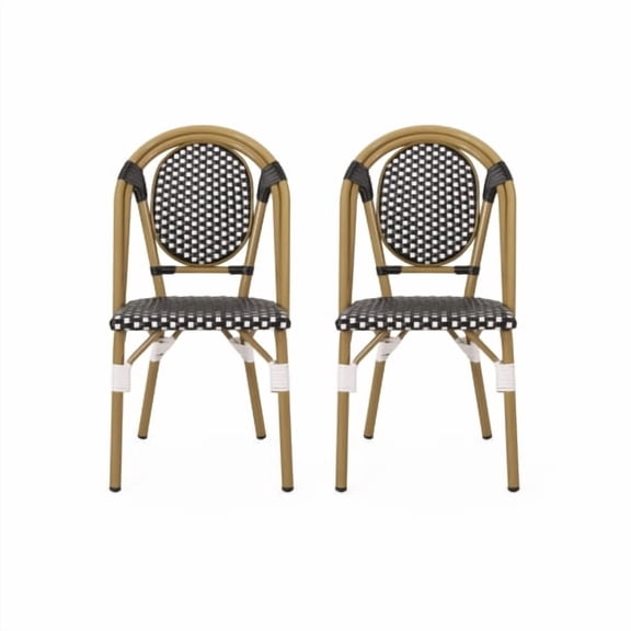 Auto Beyond Outdoor PE Ratten and Aluminum French Bistro Chair, Set of 2, Black & White, Bamboo Print Finish