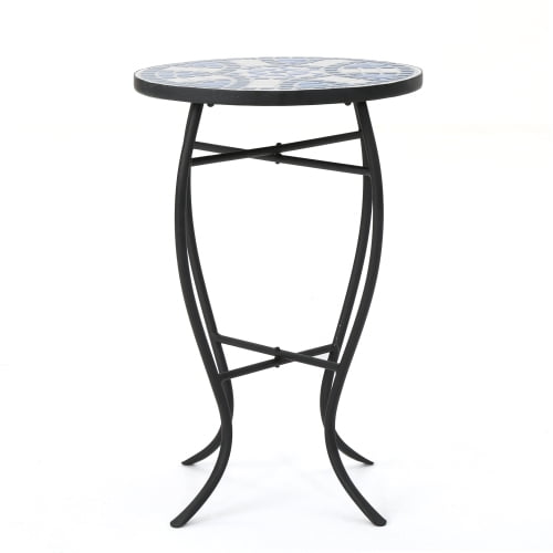 Auto Beyond Outdoor Side Table, Round Plant Stand for Patio Garden Backyard Balcony Porch Indoor Accent End Table for Living Room, Ceramic Tabletop-Blue