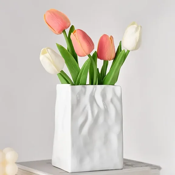Auto Beyond Paper Bag Vase - 5 Flowers Wide-Mouth Ceramic Vase with Pleated Design White Bohemian-Style Vase Unique Aesthetic Bookshelf Decor