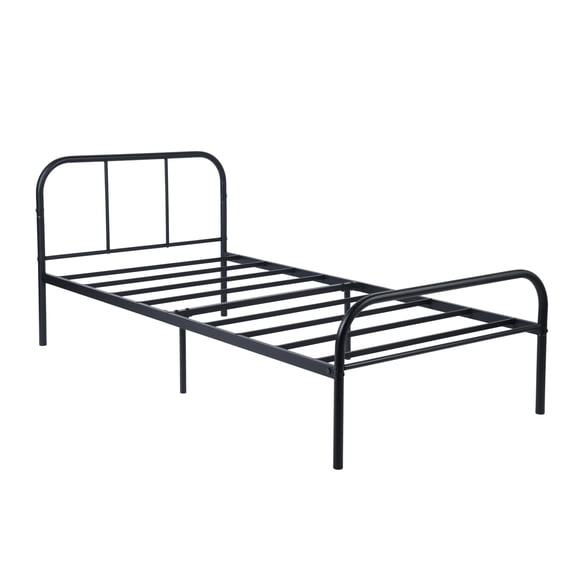 Auto Beyond Single metal platform bed frame with headboard and footboard, steel slatted support, no mattress springs required, under-bed storage space, black