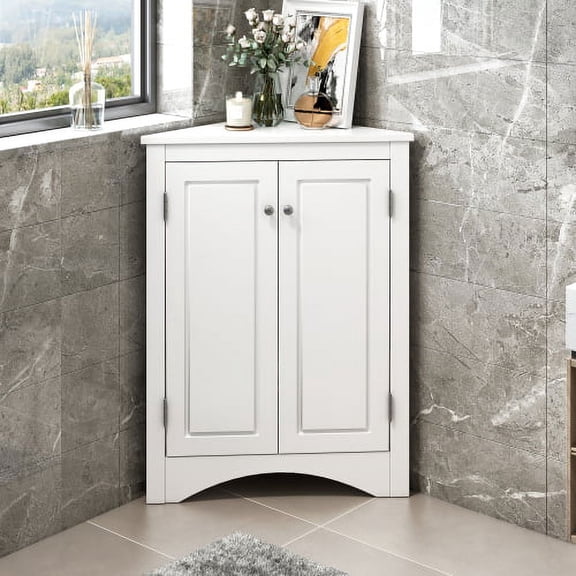 Auto Beyond Triangle Bathroom Corner Storage Cabinet with Adjustable Shelves, Freestanding Floor Cabinet for Home Kitchen (White)