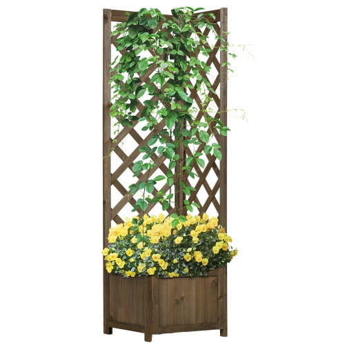 Auto Beyond Wooden Raised Garden Bed with Trellis, 57" Freestanding Corner Planter Box for Vine Plants Flowers Climbing and Planting Carbonized
