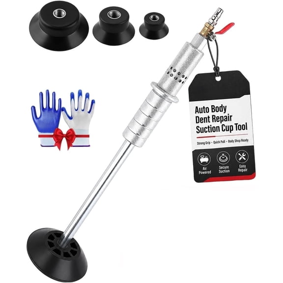 Auto Body Dent Repair Suction Cup Tool Galvanized Steel with grip gloves | Pneumatic Puller, Car Removal with 3 Suction Vacuum, Slide Hammer Paintless Repair for Cars Trucks and Sheet Metal