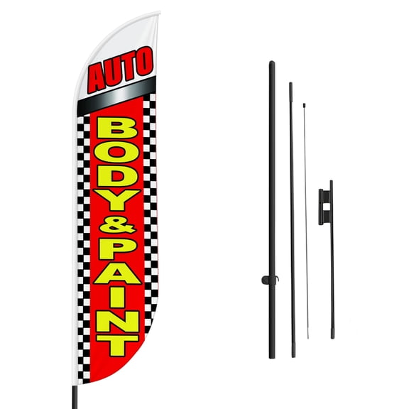 Auto Body Paint Sign feather flag Pole kit Outdoor by Mavis Printing | 15 FEET Long Polyester Outdoor Banner Flag Pole Mount Easy Hang | HD Print Swooper Flag to Advertise Car Business