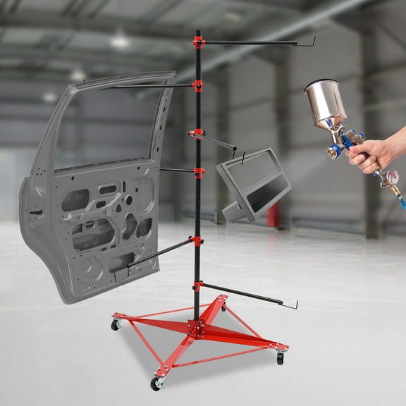 Auto Body Panel Tree Holder Paint Stand, Bumper Stand w/4 Lockable Wheels & 6 Hook Levers, Automotive Doors Fenders Bumper w/ Adjustable Center Post for Car Repair Shops, Garages