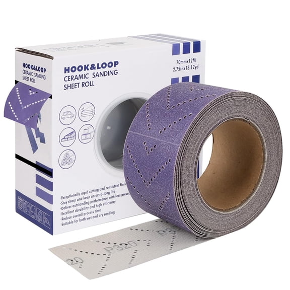 Auto Body Sandpaper Roll: 320 Grit Longboard Sand Paper Sheets | 13 Yards 2-3/4" Wide Hook & Loop Sanding Sheet with Anti-clogging Hole - Ceramic Sand Sheets Roll for Auto & Woodworking