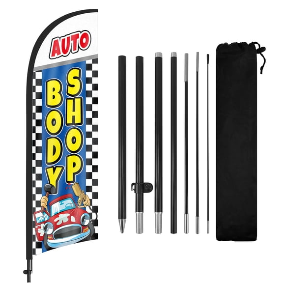 Auto Body Shop Advertising Feather Flags Banner 8Ft, Auto Body Shop Swooper Flag with Pole and Ground Stake, Advertising Feather Flag Signs for Auto Body Shop Business