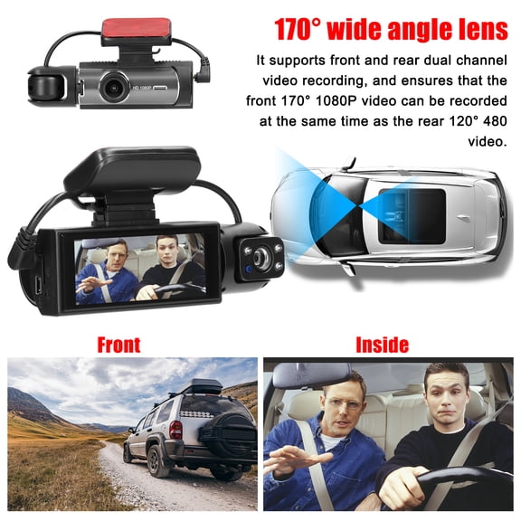 Auto Cam 170 Multi-language Dual Lens Car Video Recorder Auto Dash Cam Car Camera Recorder Night Viewing Motion Detection DVR 170 Degree Wide Angle Car Camcorder