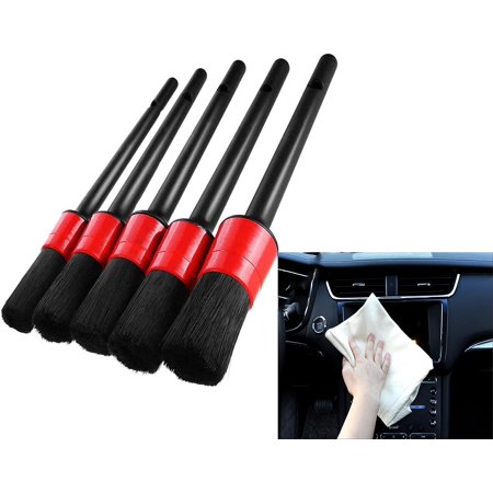 Auto Car Detailing Brush Set(Set of 5) with Natural Chamois Car Wash Cloth- Automotive Detail Cleaning Brushes for Cleaning Wheels, Engine, Interior, Emblems, Interior, Exterior, Air Vents