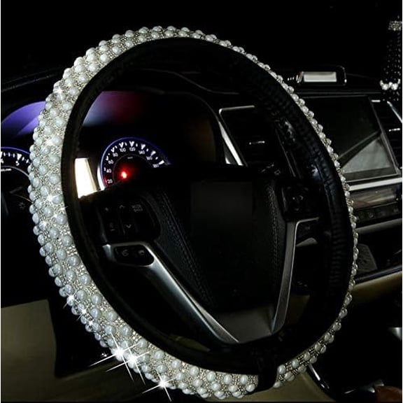 Auto Car Steering Wheel Cover for Women, with Fashion Cute Diamond, Exquisite Pearl Design, Soft Leather Stylish Universal 15 Inch