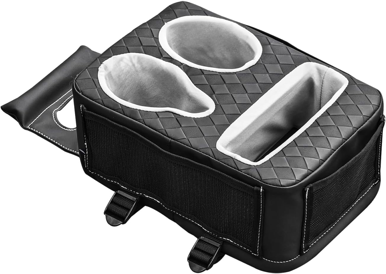 Auto Center Console Cup Holder Organizer, Universal PU Leather Armrest Storage Box with Tissue Holder & Side Pockets, Multi-use for Car Front/Back Seat, Truck, RV, Boat