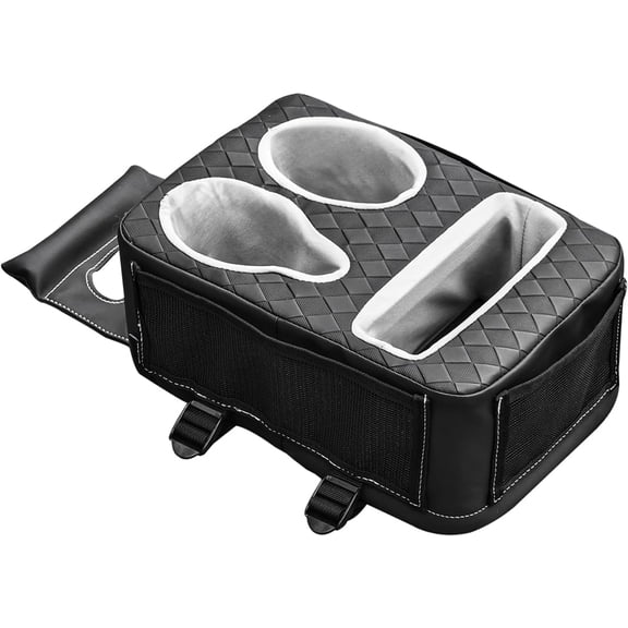 Auto Center Console Cup Holder Organizer, Universal PU Leather Armrest Storage Box with Tissue Holder & Side Pockets, Multi-use for Car Front/Back Seat, Truck, RV, Boat