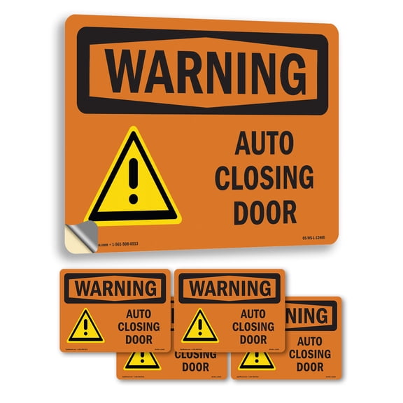 Auto Closing Door OSHA WARNING Vinyl Decal Label 7 Inch x 5 Inch - 5 Pack