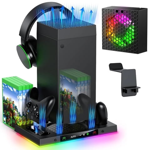 Auto Cooling Fan and Charge Stand Accessories for Xbox Series X Console with 15 Light Modes, Wireless Dual Charger Dock for XSX Controller, Headset Stand & Game Disc Storage