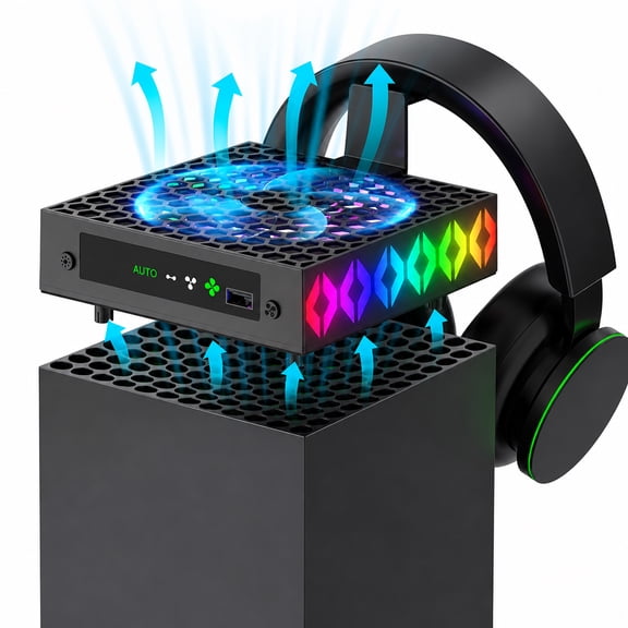 Cooling Fan for Xbox Series X, Cooling System Compatible with Xbox Series X Console Accessories, Fan Speed Adjustable by Temperature, with RGB Lights, USB Ports & Headset Holder