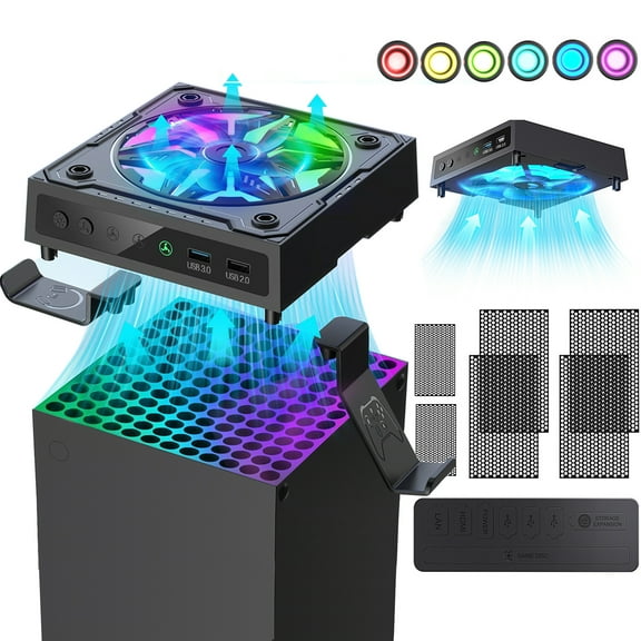 Cooling Fan for Xbox Series X, Cooling System Compatible with Xbox Series X Console Accessories, Fan Speed Adjustable by Temperature, with RGB Lights, USB Ports & Headset Holder