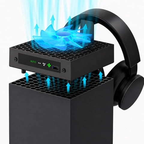 Auto Cooling Fan for Xbox Series X, Cooling System Compatible with Xbox Series X Console Accessories, Automatic Fan Speed Adjustable by Temperature, USB Ports & Headset Holder(Black)