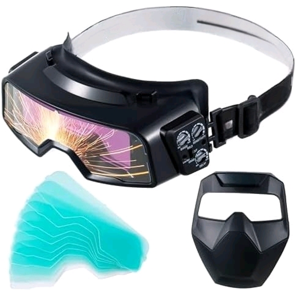 Auto Darkening Welding Goggles, Wide Rang Shade 4/5-9/9-13, Welding Glasses with Welder Mask and 10 Replacement Lenses, Adjustable Sensitivity work for TIG MIG ARC Plasma Cutting
