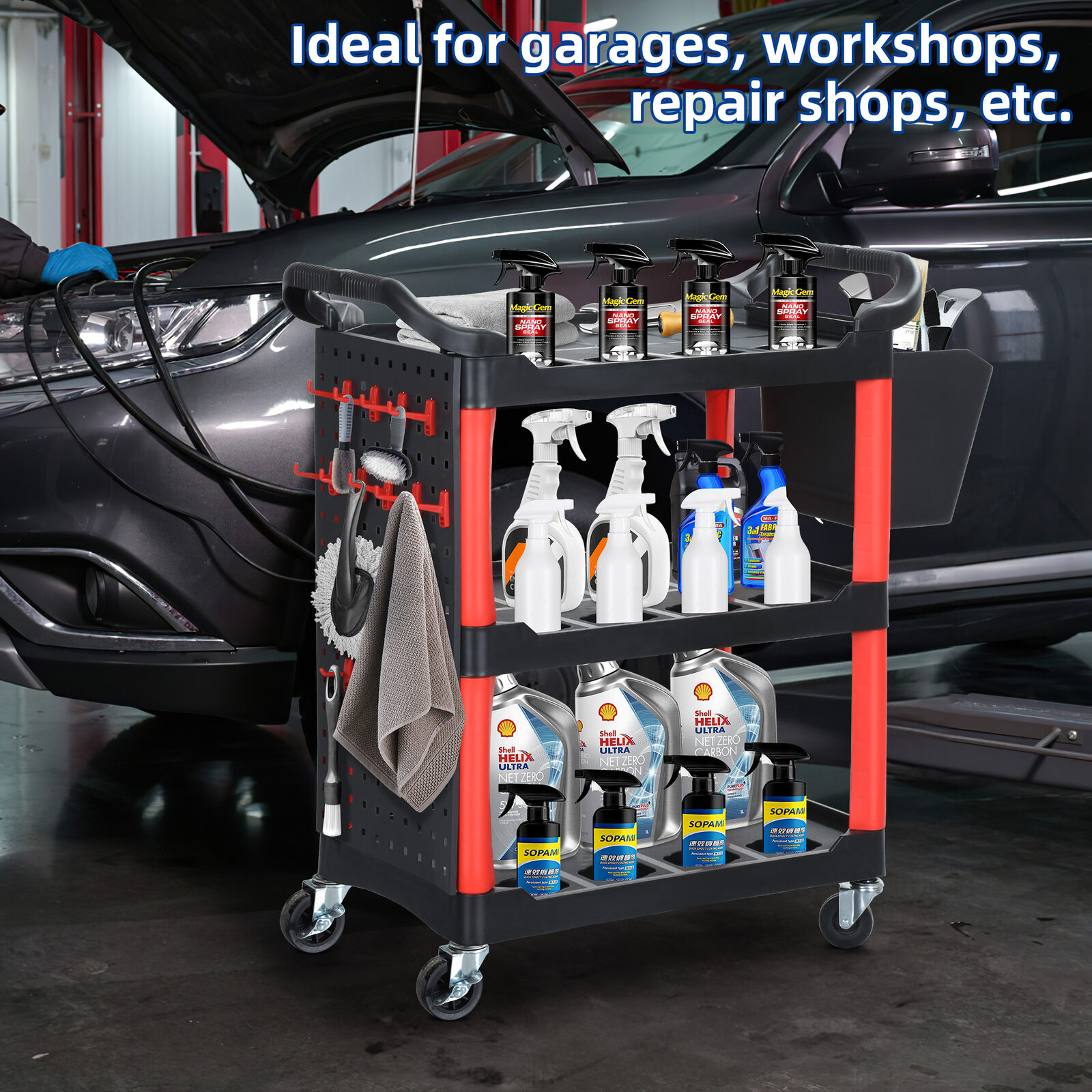 Auto Detailing Cart Car Wash Tool Organizer Utility Trolley with Hooks