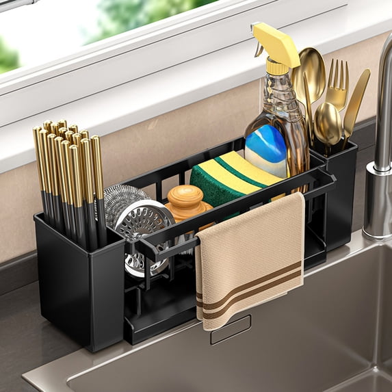 Auto-Draining Kitchen Sink Caddy Organizer with Towel Bar and Drain Tray for Sponges, Brushes, and Soap